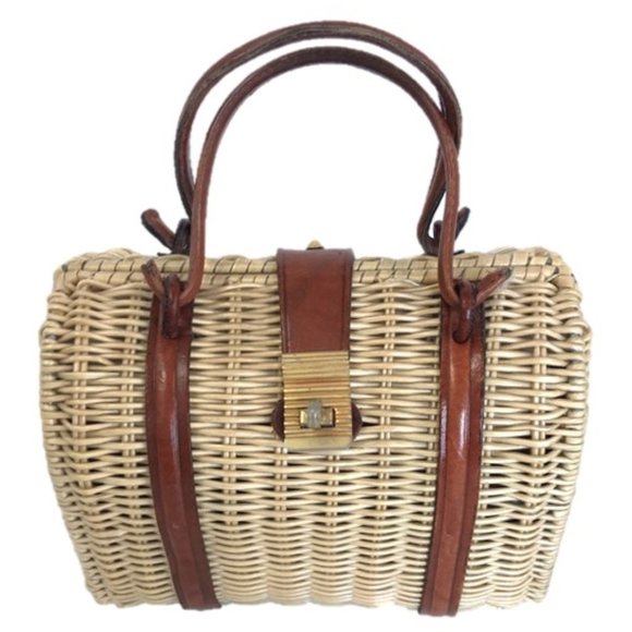 Vintage Handbags - VINTAGE 1960 CLASSIC WICKER LEATHER SATCHEL BAG
